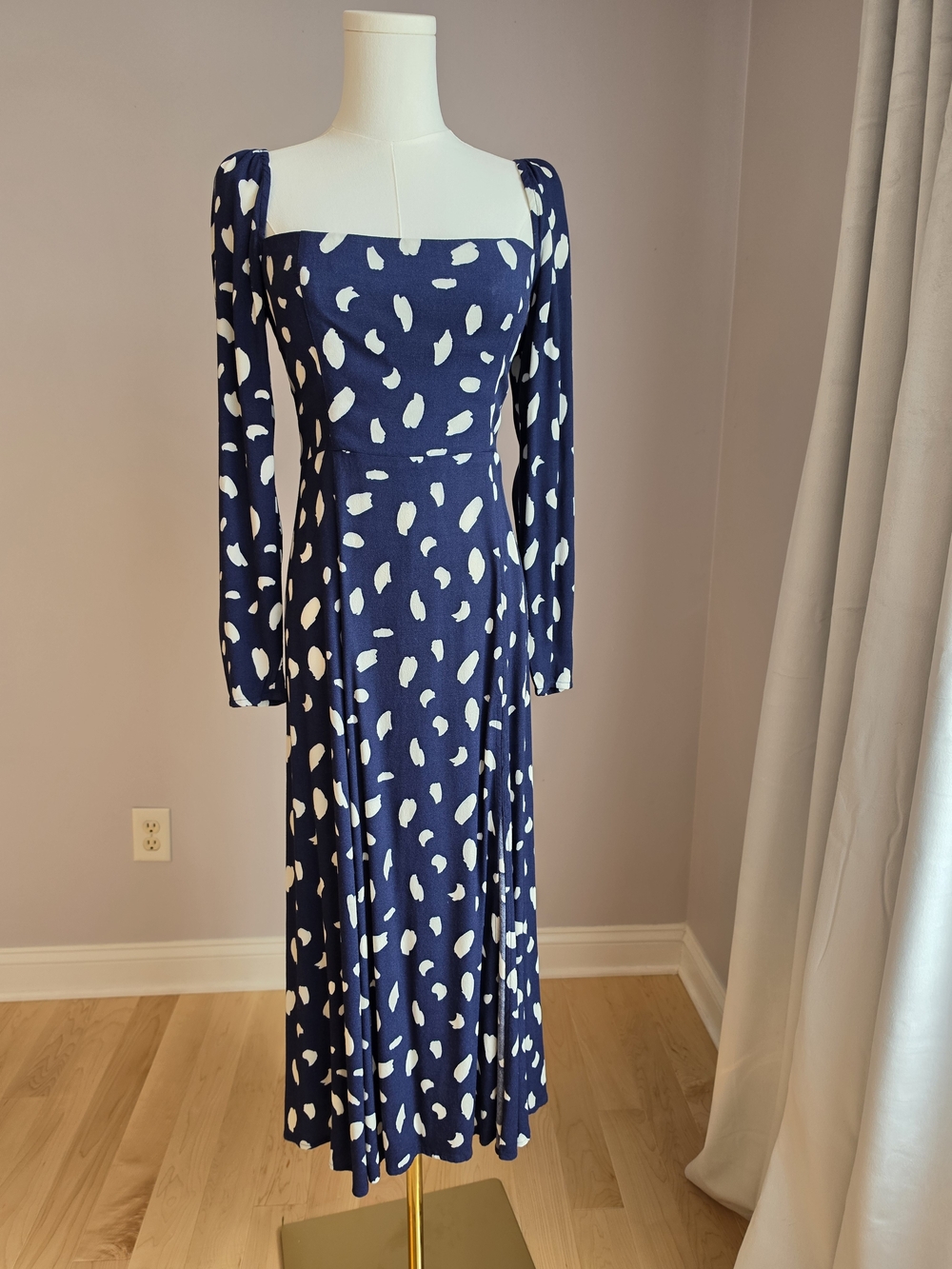 Reformation Navy and White Long Sleeve Square Neck Maxi Dress